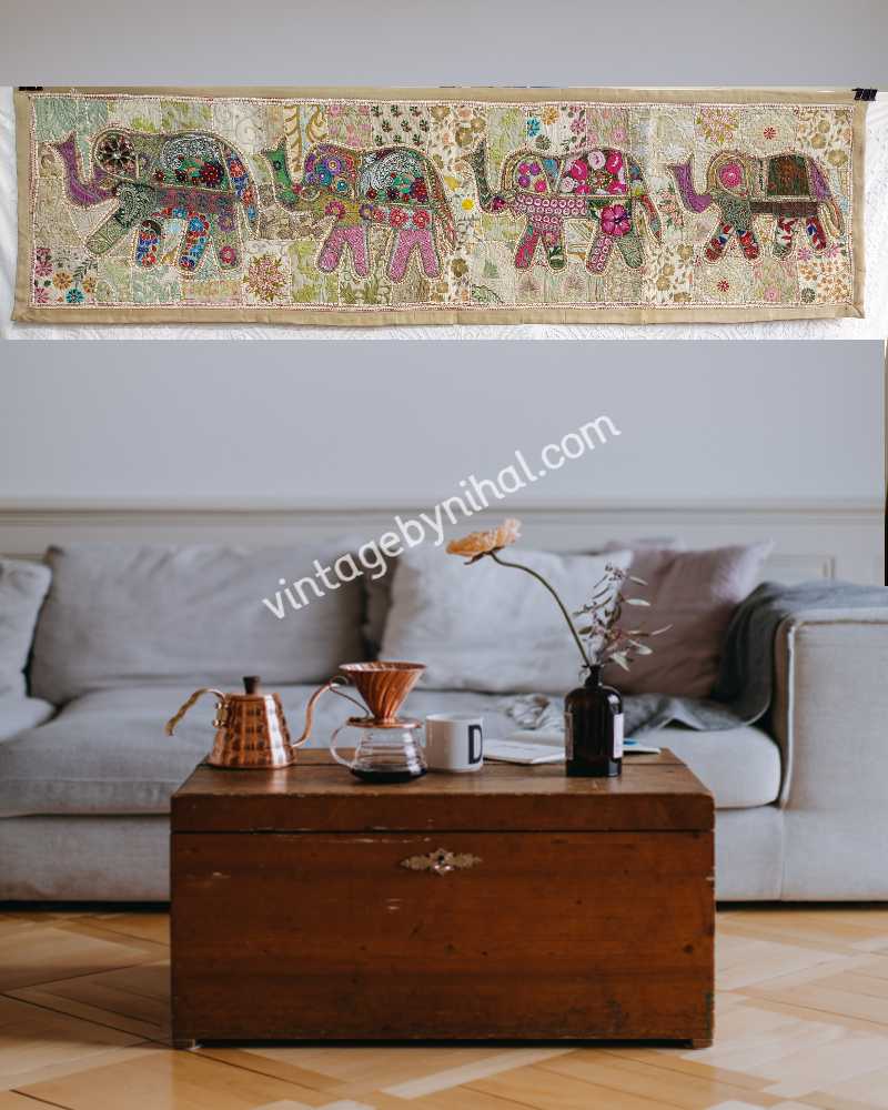 Beige Saree Patchwork ELEPHANT FAMILY Tapestry 